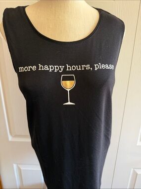 Apt. 9 Black Graphic “more happy hours please” Top with Gold Wineglass- SZ Larg